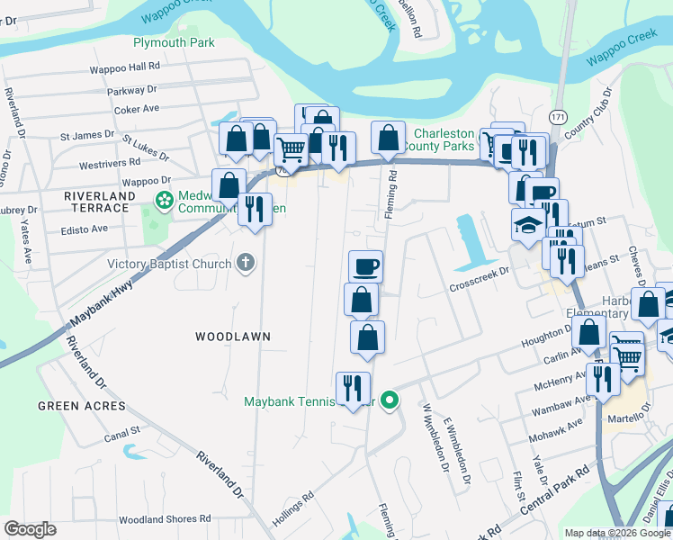 map of restaurants, bars, coffee shops, grocery stores, and more near 322 Howle Avenue in Charleston