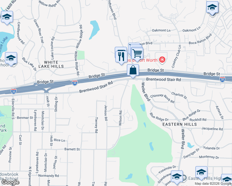 map of restaurants, bars, coffee shops, grocery stores, and more near 1505 Dalewood Court in Fort Worth