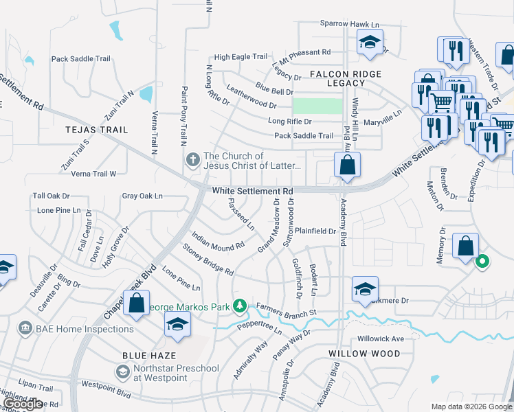 map of restaurants, bars, coffee shops, grocery stores, and more near 10013 Bugle Drive in Fort Worth