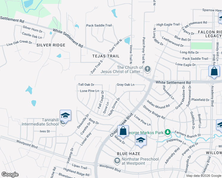 map of restaurants, bars, coffee shops, grocery stores, and more near 214 Lone Pine Court in Fort Worth