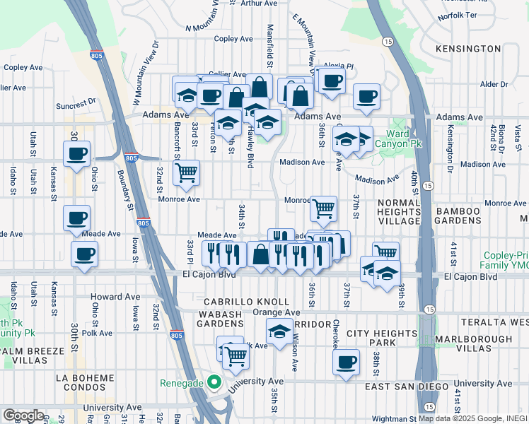 map of restaurants, bars, coffee shops, grocery stores, and more near 4473 Swift Avenue in San Diego