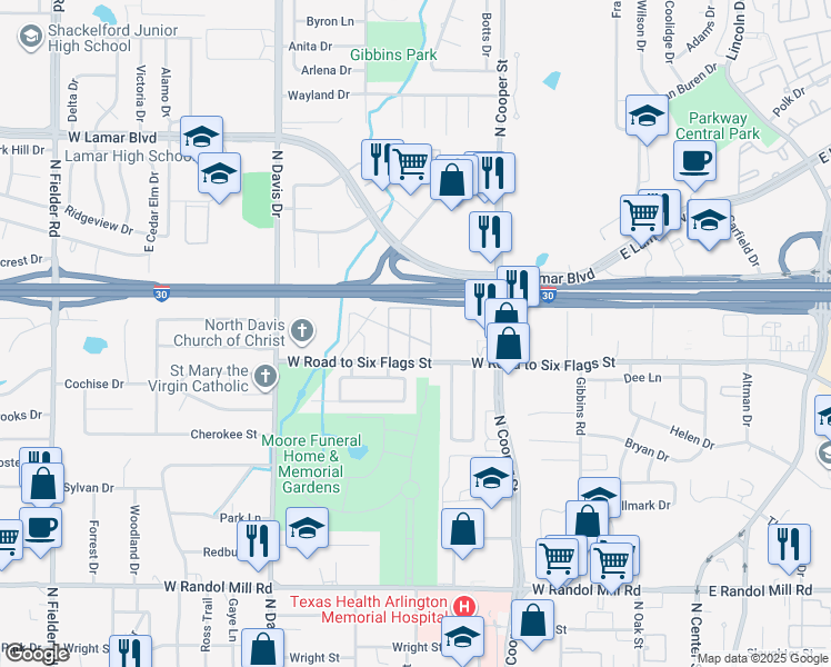 map of restaurants, bars, coffee shops, grocery stores, and more near 1511 Horseway Drive in Arlington