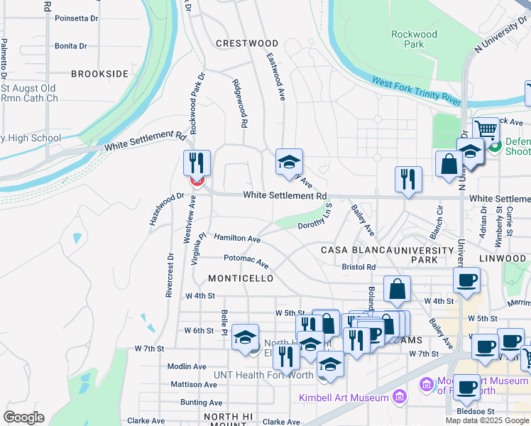 map of restaurants, bars, coffee shops, grocery stores, and more near 109 Linden Lane in Fort Worth