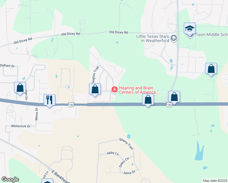 map of restaurants, bars, coffee shops, grocery stores, and more near 202 Willow Creek Drive in Weatherford