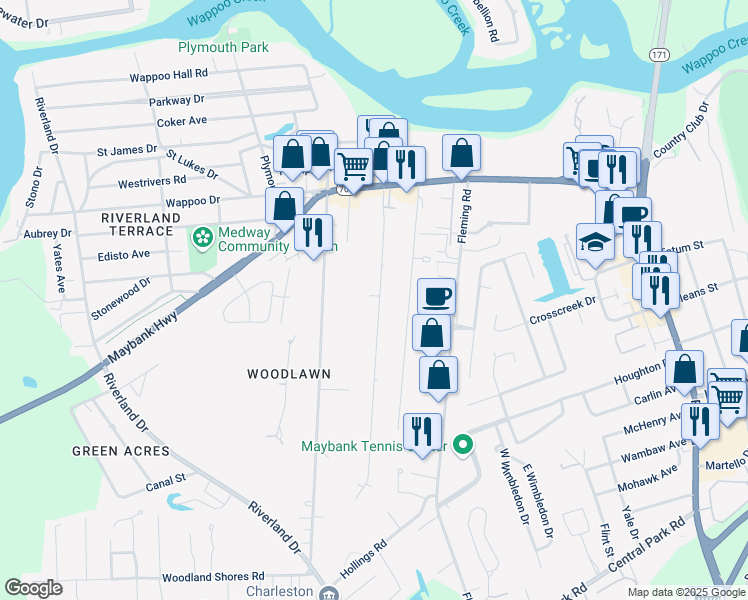 map of restaurants, bars, coffee shops, grocery stores, and more near 274D Stefan Drive in Charleston