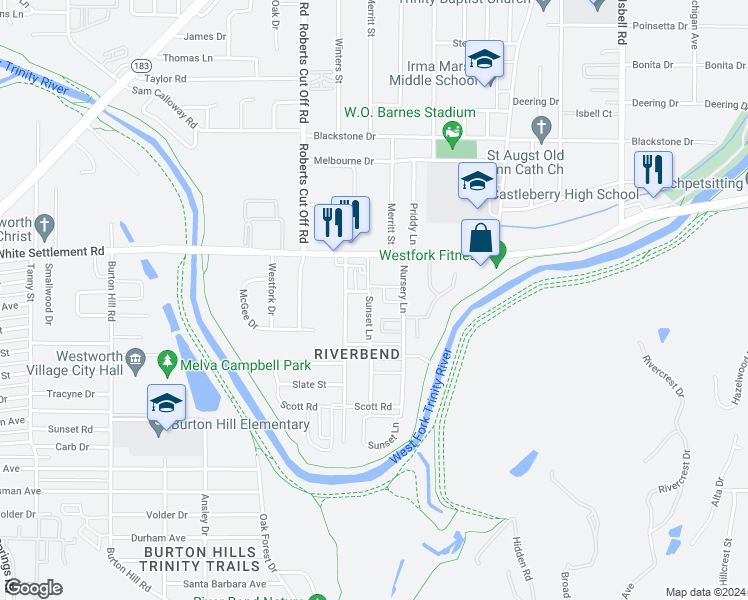 map of restaurants, bars, coffee shops, grocery stores, and more near 209 Sunset Lane in Fort Worth