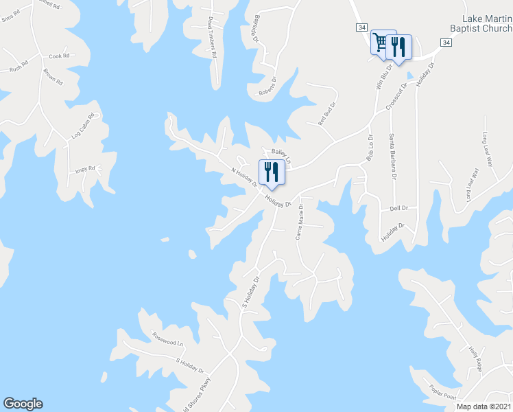 map of restaurants, bars, coffee shops, grocery stores, and more near 801 Win Blu Drive in Dadeville