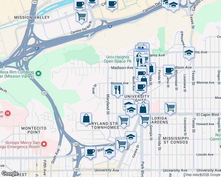map of restaurants, bars, coffee shops, grocery stores, and more near 4463 Maryland Street in San Diego