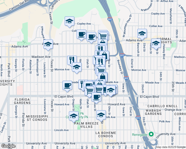 map of restaurants, bars, coffee shops, grocery stores, and more near 4468 Kansas Street in San Diego