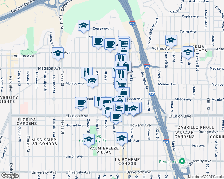 map of restaurants, bars, coffee shops, grocery stores, and more near 4458 Kansas Street in San Diego