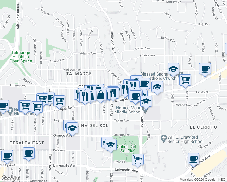 map of restaurants, bars, coffee shops, grocery stores, and more near 4461 52nd Street in San Diego