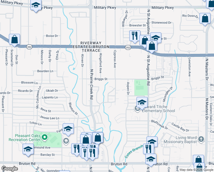 map of restaurants, bars, coffee shops, grocery stores, and more near 9303 Sandyhook Circle in Dallas