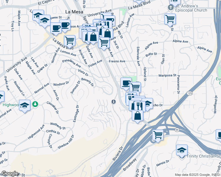 map of restaurants, bars, coffee shops, grocery stores, and more near 4430 Date Avenue in La Mesa