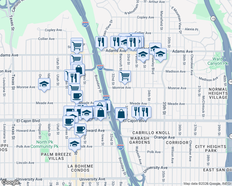 map of restaurants, bars, coffee shops, grocery stores, and more near 4459 32nd Street in San Diego
