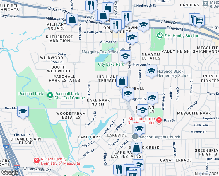 map of restaurants, bars, coffee shops, grocery stores, and more near 817 Lakeside Drive in Mesquite