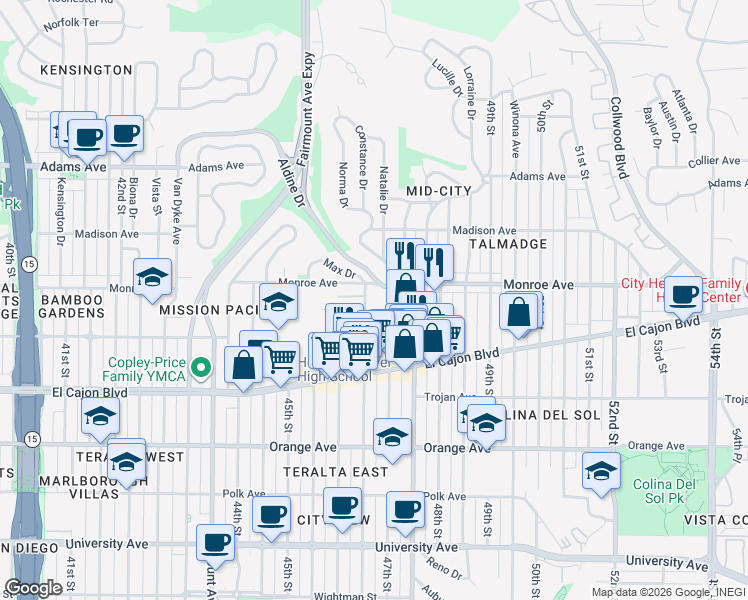 map of restaurants, bars, coffee shops, grocery stores, and more near 4479 Menlo Avenue in San Diego