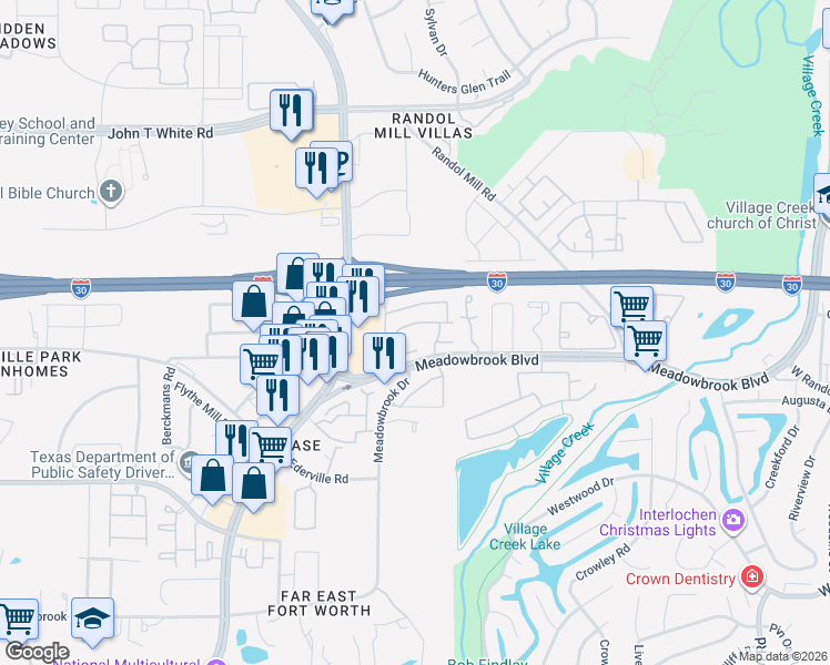 map of restaurants, bars, coffee shops, grocery stores, and more near 8628 Vanderbilt Drive in Fort Worth