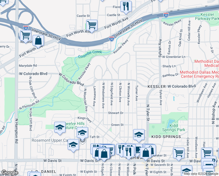 map of restaurants, bars, coffee shops, grocery stores, and more near 1131 North Edgefield Avenue in Dallas
