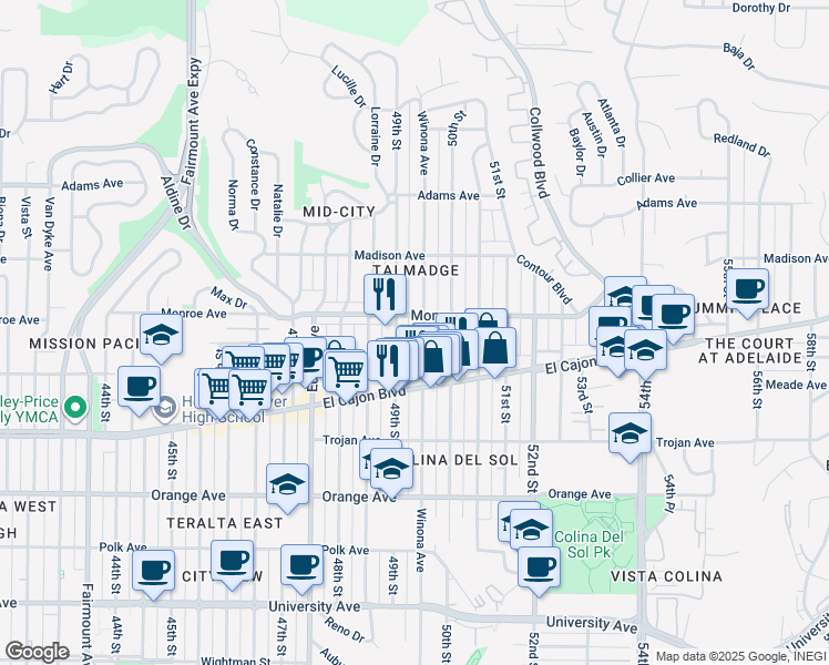 map of restaurants, bars, coffee shops, grocery stores, and more near 4474 Winona Avenue in San Diego