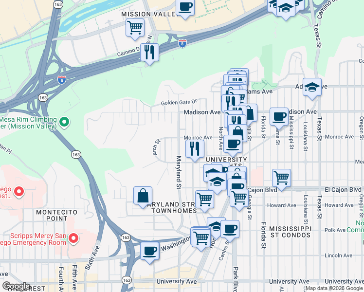 map of restaurants, bars, coffee shops, grocery stores, and more near 4463 Maryland Street in San Diego