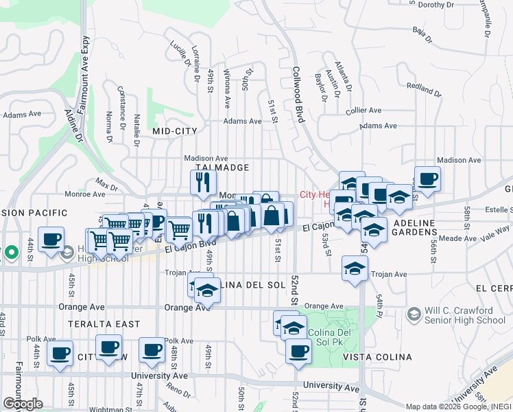 map of restaurants, bars, coffee shops, grocery stores, and more near 4460 Altadena Ave. in San Diego