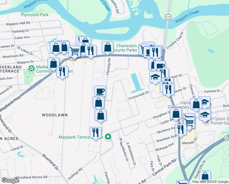 map of restaurants, bars, coffee shops, grocery stores, and more near 28 Paddlecreek Avenue in Charleston