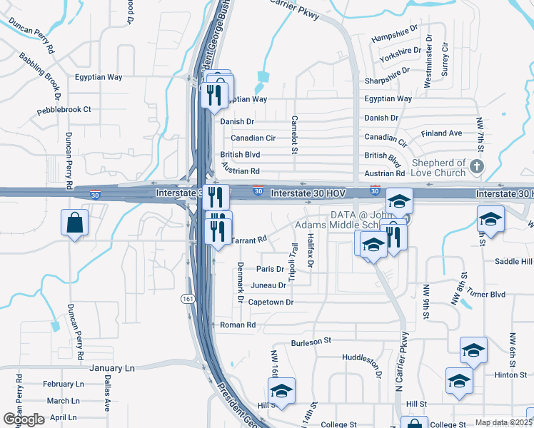 map of restaurants, bars, coffee shops, grocery stores, and more near 1414 Acapulco Court in Grand Prairie