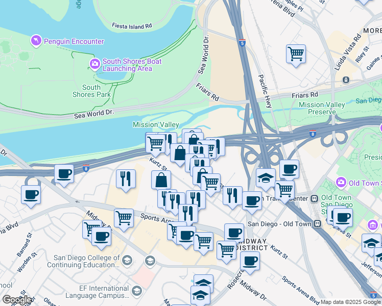 map of restaurants, bars, coffee shops, grocery stores, and more near 3650 Hancock Street in San Diego