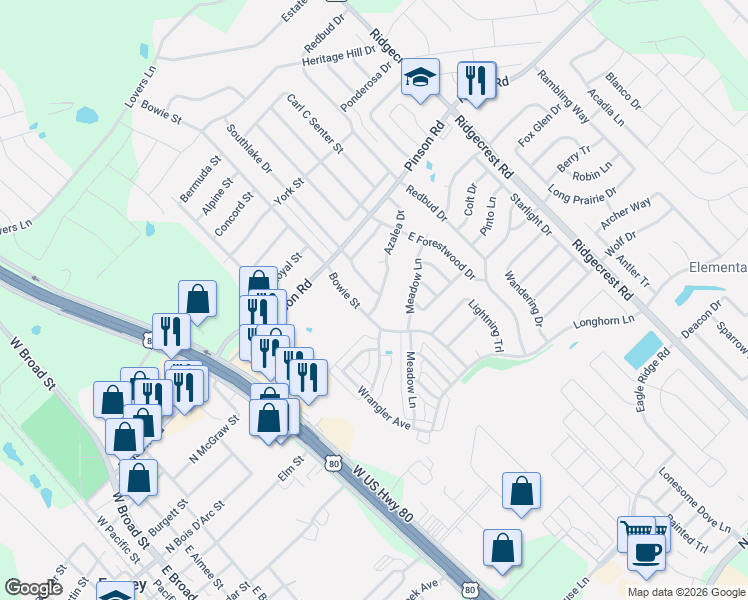 map of restaurants, bars, coffee shops, grocery stores, and more near 507 Azalea Drive in Forney