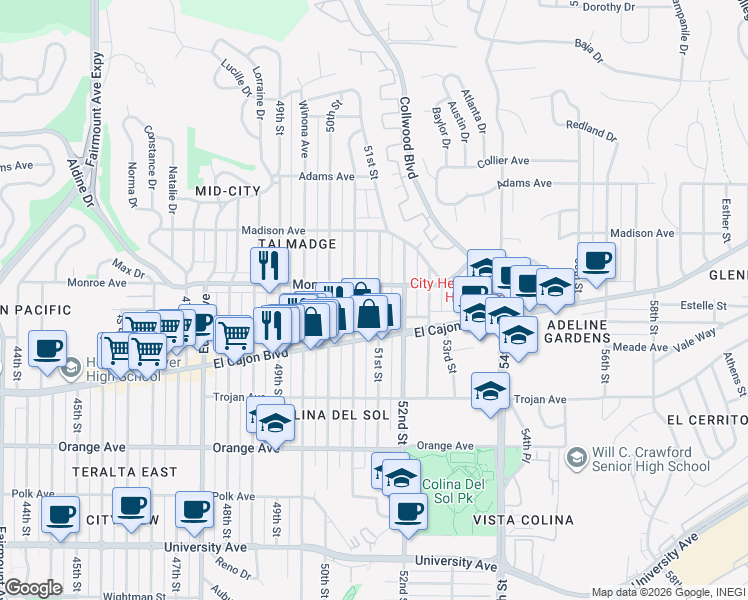 map of restaurants, bars, coffee shops, grocery stores, and more near 4469 Altadena Avenue in San Diego