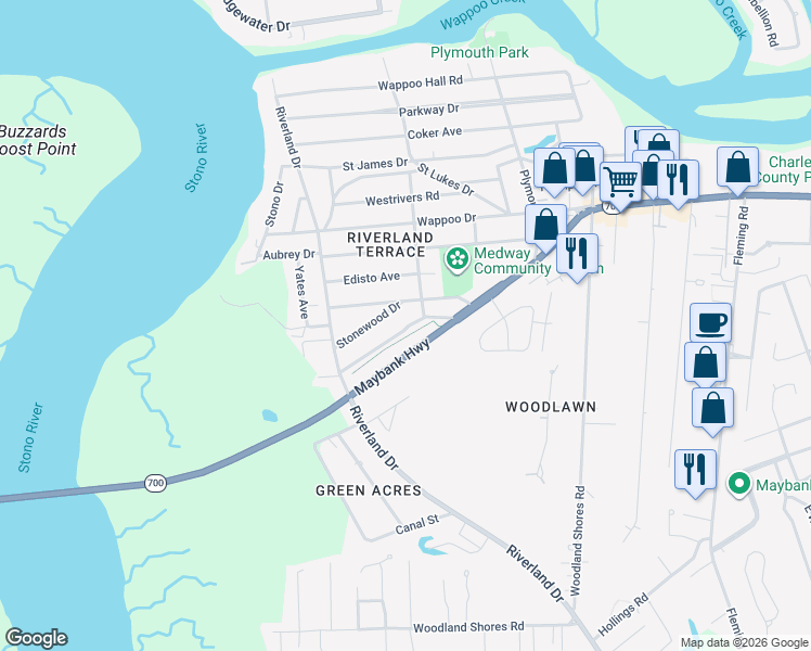 map of restaurants, bars, coffee shops, grocery stores, and more near 2134 Golfview Drive in Charleston