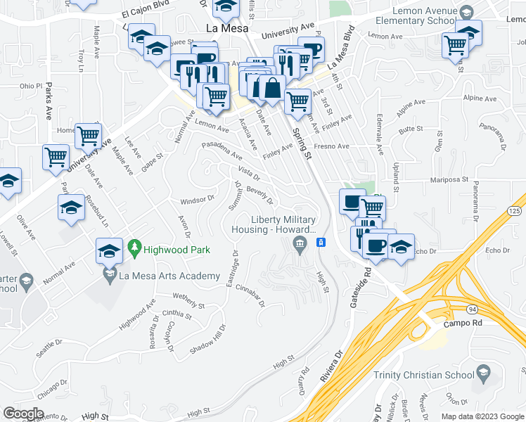 map of restaurants, bars, coffee shops, grocery stores, and more near 4355 Valle Drive in La Mesa