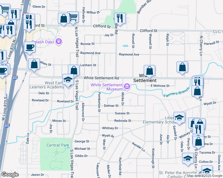 map of restaurants, bars, coffee shops, grocery stores, and more near 8329 Melrose Court West in White Settlement
