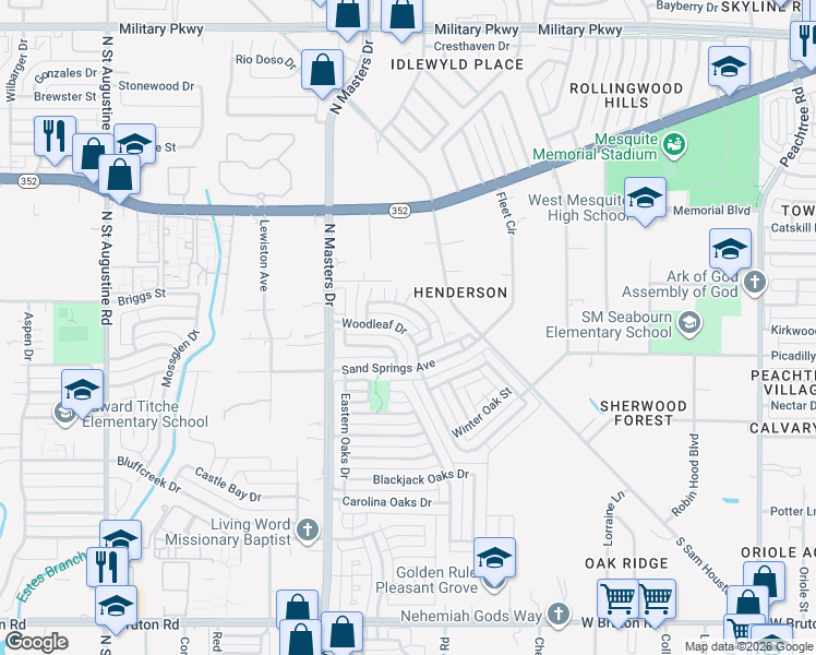 map of restaurants, bars, coffee shops, grocery stores, and more near 10349 Woodleaf Drive in Dallas