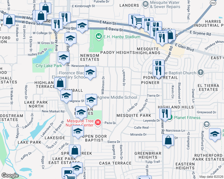 map of restaurants, bars, coffee shops, grocery stores, and more near 734 Jardin Drive in Mesquite