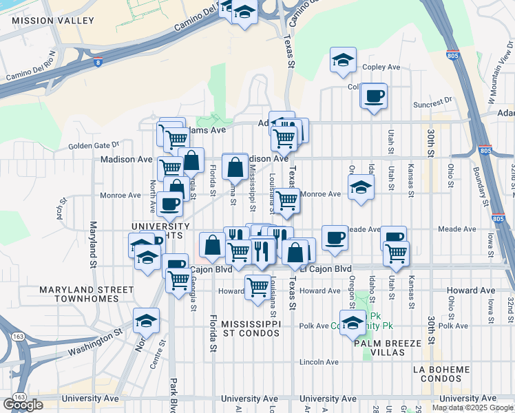 map of restaurants, bars, coffee shops, grocery stores, and more near 4465 Mississippi Street in San Diego
