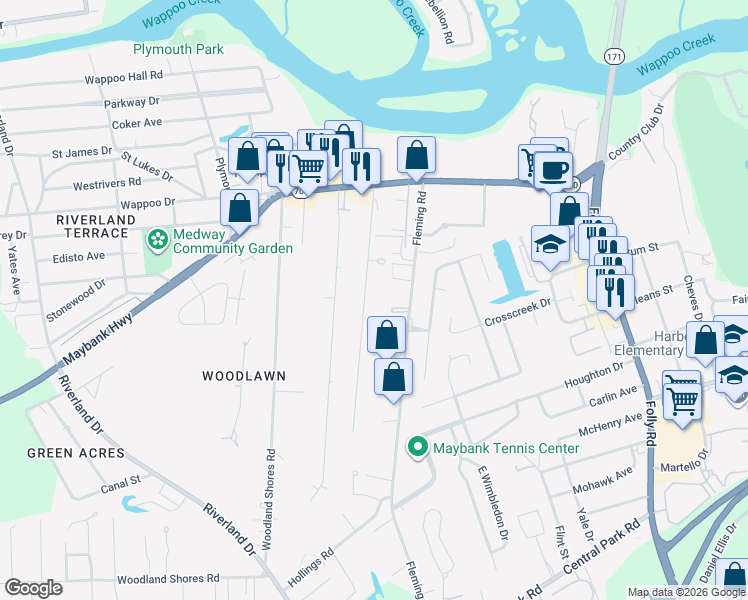 map of restaurants, bars, coffee shops, grocery stores, and more near 322 Howle Avenue in Charleston