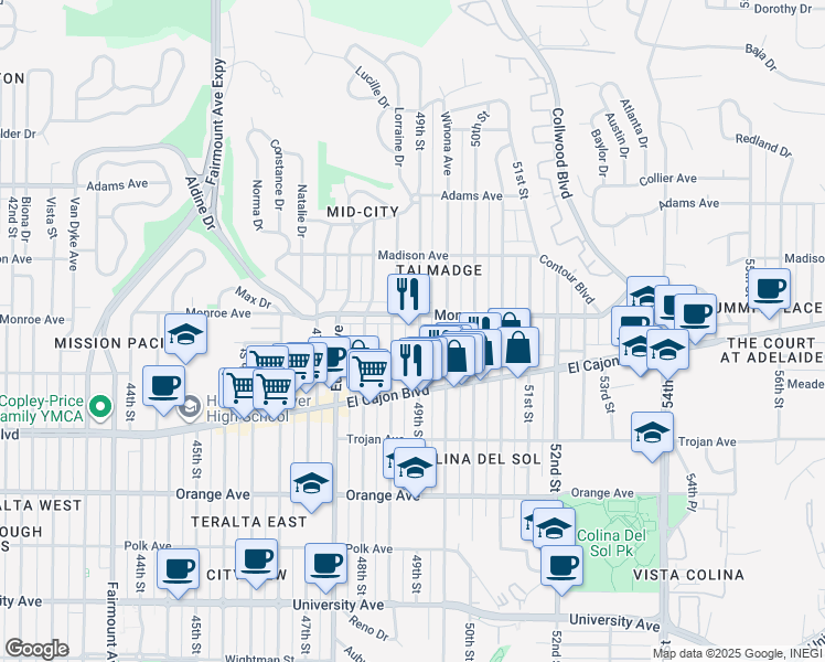 map of restaurants, bars, coffee shops, grocery stores, and more near 4493 49th Street in San Diego