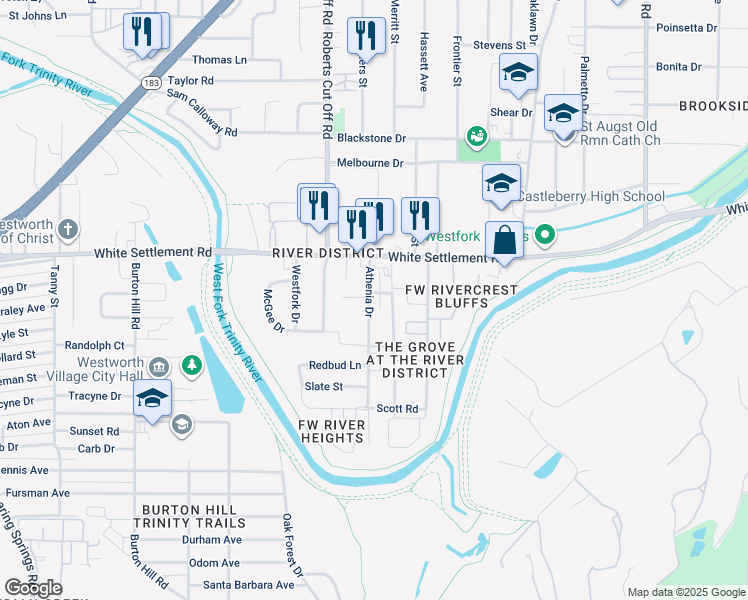 map of restaurants, bars, coffee shops, grocery stores, and more near 215 Athenia Drive in Fort Worth