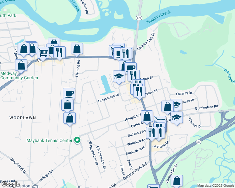 map of restaurants, bars, coffee shops, grocery stores, and more near 26A Crosscreek Drive in Charleston