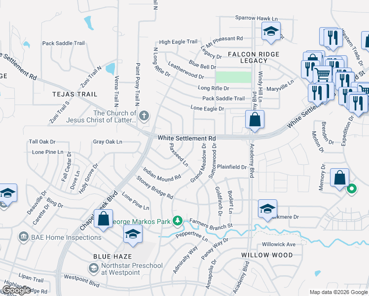 map of restaurants, bars, coffee shops, grocery stores, and more near 10013 Bugle Drive in Fort Worth