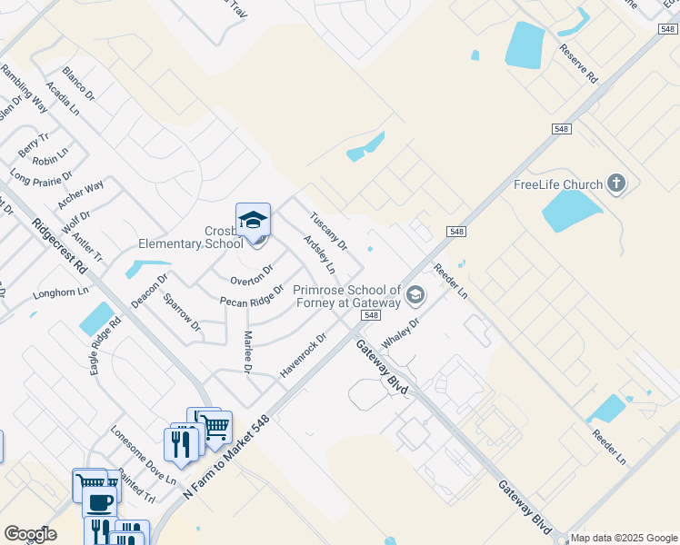 map of restaurants, bars, coffee shops, grocery stores, and more near 606 Ardsley Lane in Forney