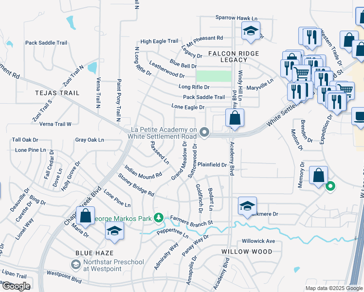 map of restaurants, bars, coffee shops, grocery stores, and more near 112 Grand Meadow Drive in Fort Worth
