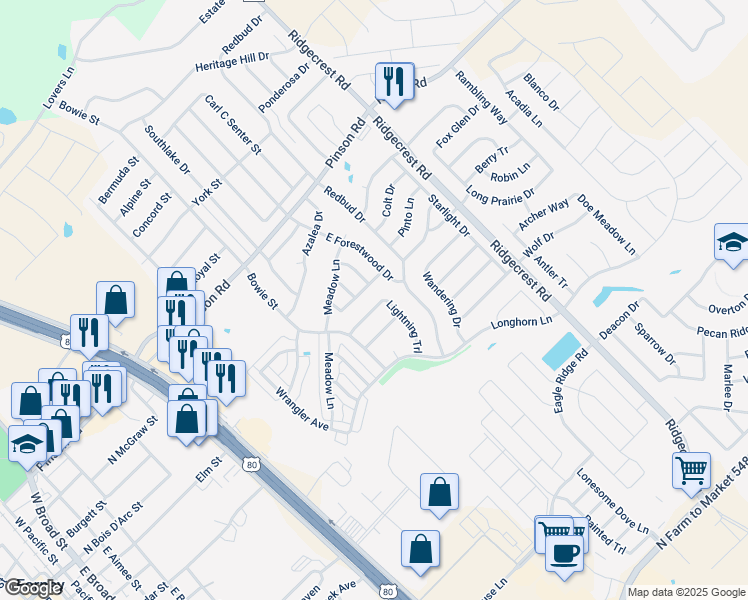 map of restaurants, bars, coffee shops, grocery stores, and more near 116 Stampede Trail in Forney