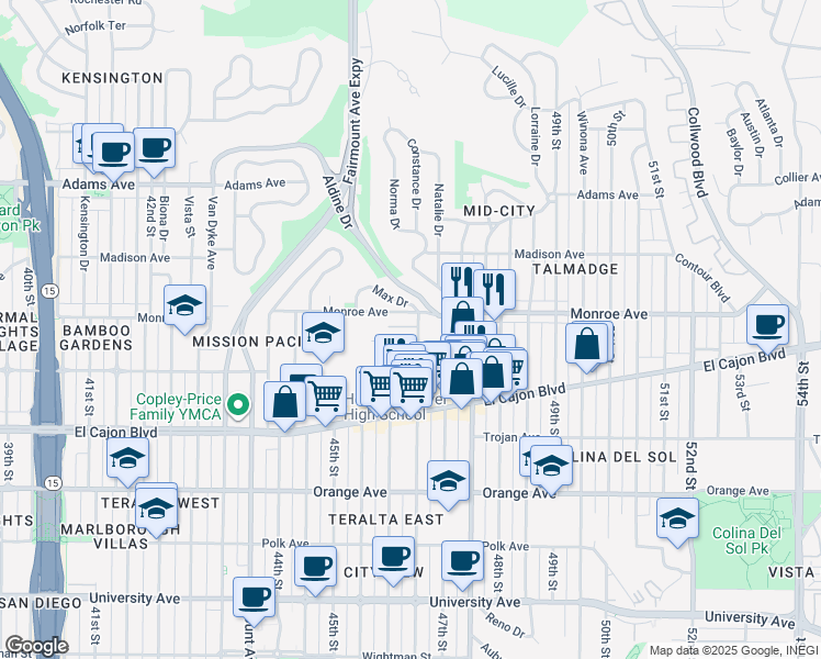 map of restaurants, bars, coffee shops, grocery stores, and more near 4490 Menlo Avenue in San Diego