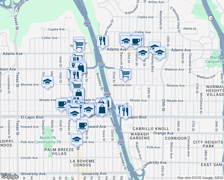 map of restaurants, bars, coffee shops, grocery stores, and more near 4462 32nd Street in San Diego