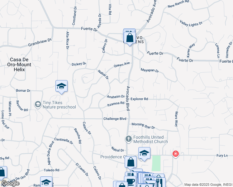 map of restaurants, bars, coffee shops, grocery stores, and more near 10744 Anaheim Drive in La Mesa