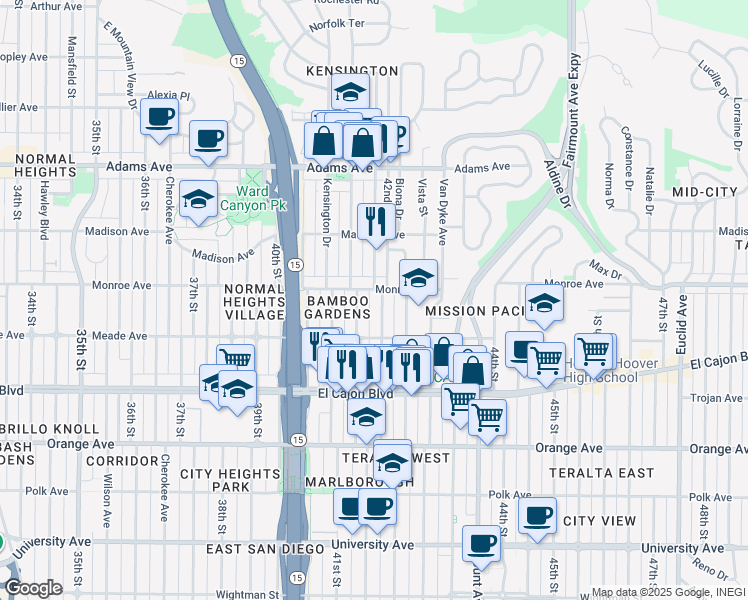 map of restaurants, bars, coffee shops, grocery stores, and more near 4476 42nd Street in San Diego