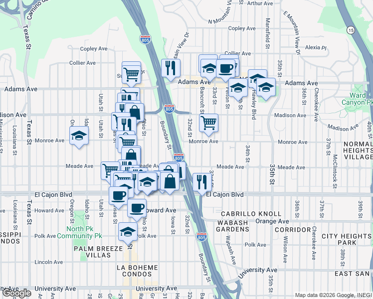 map of restaurants, bars, coffee shops, grocery stores, and more near 4462 32nd Street in San Diego