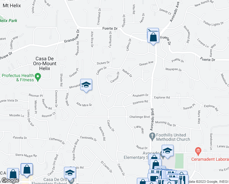 map of restaurants, bars, coffee shops, grocery stores, and more near 10608 Anaheim Drive in La Mesa